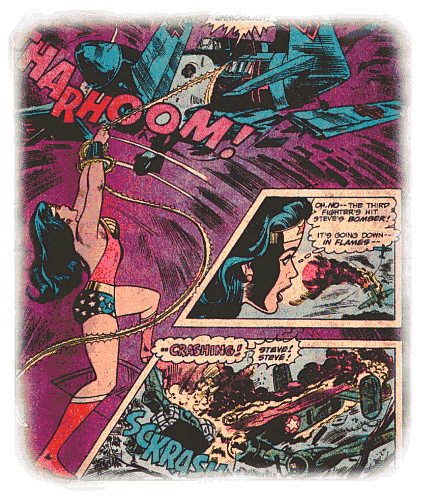 Wonder Woman destroys two Messerschmitts but a third manages to shoot down the bomber!
