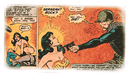 Sergeant Rock prepares to shoot Wonder Woman point blank!
