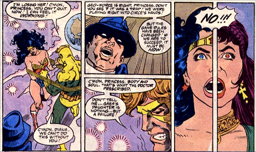 Wonder Woman struggles to resist Circe's will as Geo-Force appeals to her Amazon pride...