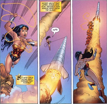 Wonder Woman re-directs the missile using her golden lasso...