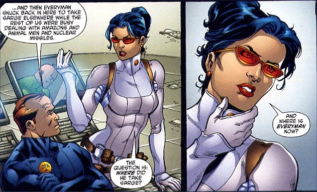 Agent Prince discusses the whereabouts of Evreryman with a colleague...