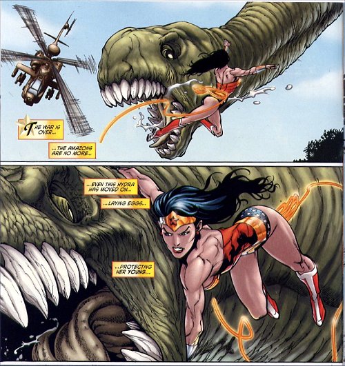 Wonder Woman grapples with a Hydra!