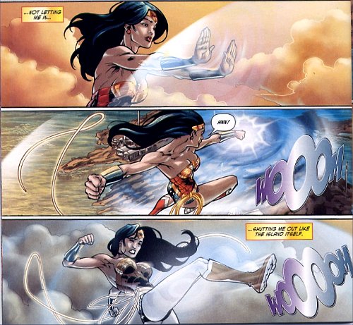 Wonder Woman tries to break through the force field surround Themyscira...