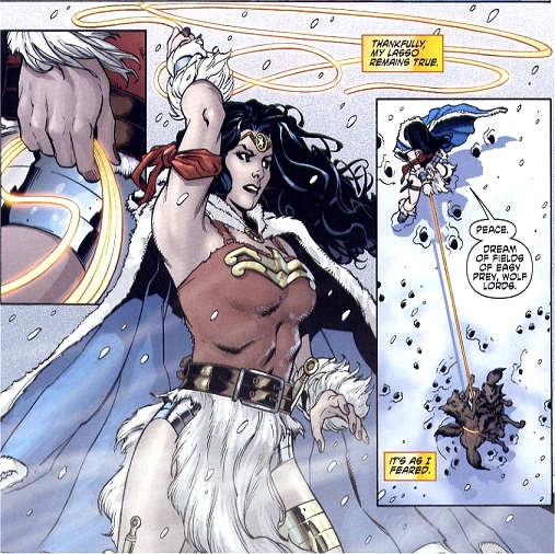 Wonder Woman ensnares the wolves in her lasso...