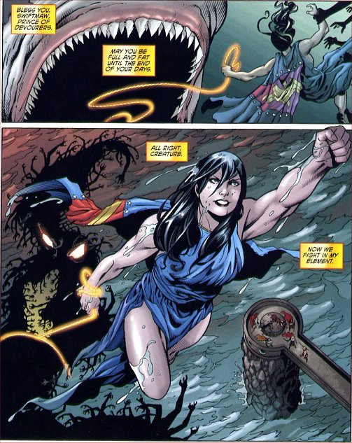 Diana hauls the Cottus out of the ocean using her lasso!