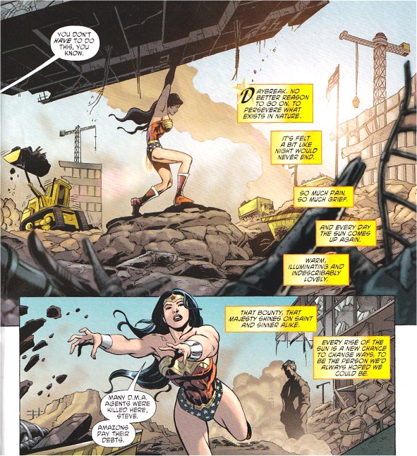Wonder Woman assists in clearing the debris of the D.M.A. Headquarters...
